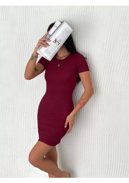 Kadın Bisiklet Yaka Kısa Kol Likralı Elbise - Bordo indirimleri