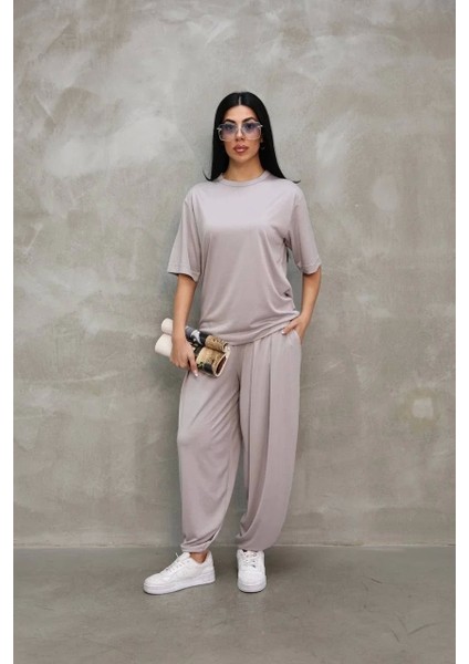 Osy Modal Yumuşak Dokulu Kumaş Oversize Bisiklet Yaka T-Shirt Jogger Eşofman Altı Eşofman Takımı - Gri