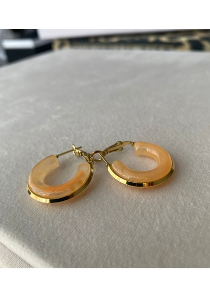 Kadın Turuncu Mineli Gold Renkli Çelik Halka Küpe