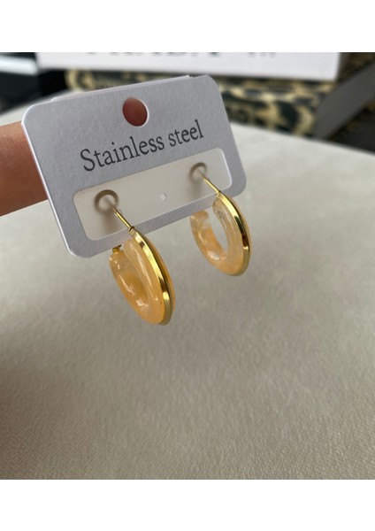 Kadın Turuncu Mineli Gold Renkli Çelik Halka Küpe fiyatları