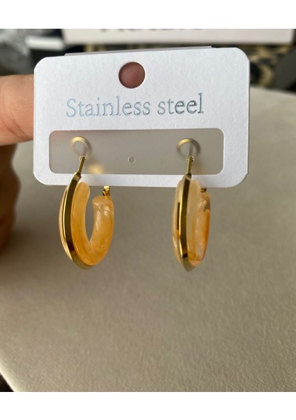 Kadın Turuncu Mineli Gold Renkli Çelik Halka Küpe fırsatları