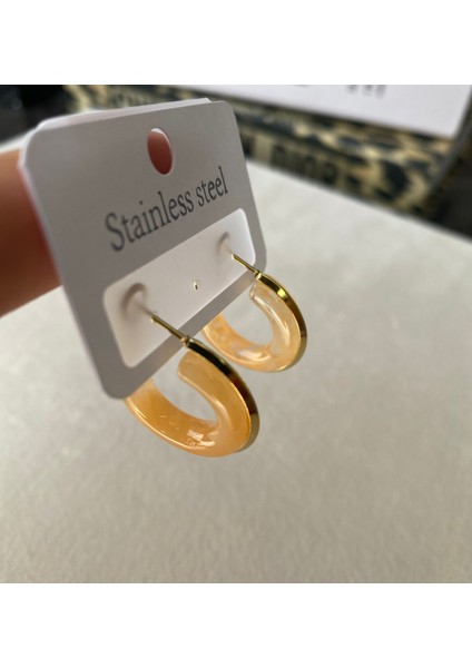 Kadın Turuncu Mineli Gold Renkli Çelik Halka Küpe