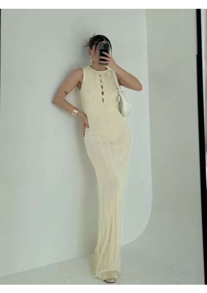 Kalın Fitilli Uzun Triko Elbise - Kırık Beyaz