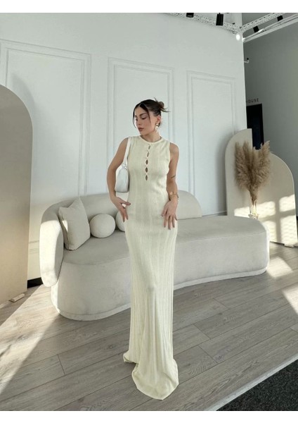 Kalın Fitilli Uzun Triko Elbise - Kırık Beyaz modelleri