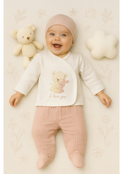 Unısex Bebek 10'lu Hastane Çıkış Zıbın Seti Sarılan Ayıcık Kendinden Armürlü Dokulu Pamuklu Penye