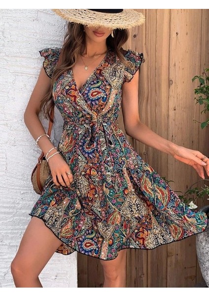 Kadın Kısa Kelebek Kollu Kruvaze Yakalı Süprem Elbise indirimleri