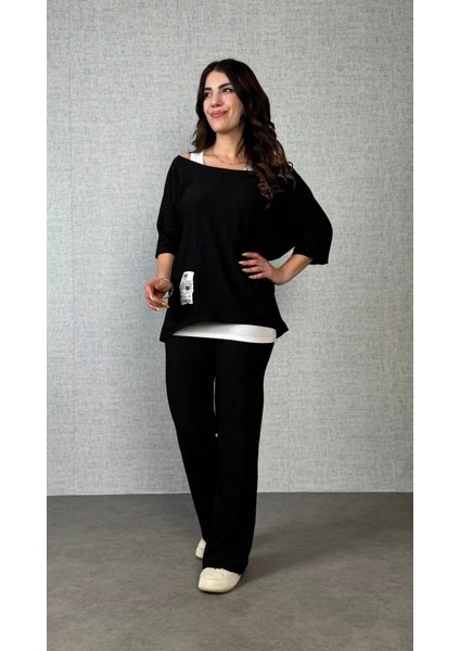 Kadın Kısa Kollu Omuzlardan Açık Yarasa Kollu Bürümcük Bluz ve Pantolon ve Viskon Atlet