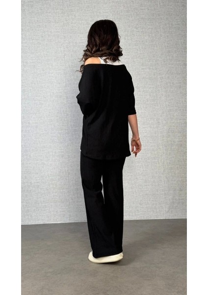 Kadın Kısa Kollu Omuzlardan Açık Yarasa Kollu Bürümcük Bluz ve Pantolon ve Viskon Atlet fırsatları