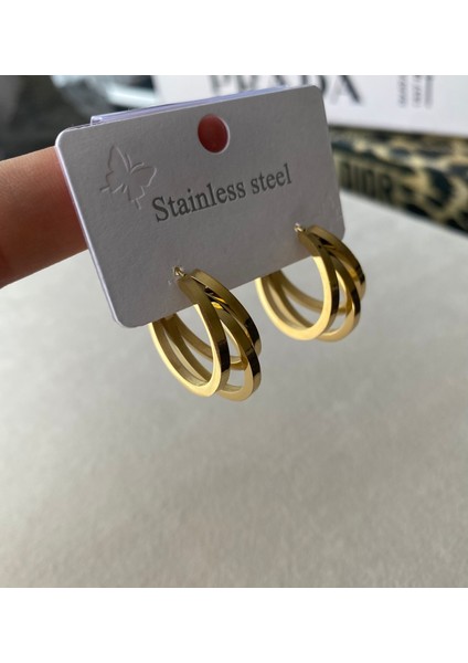 Kadın Gold Renkli 3'lü Çelik Halka Küpe fiyatları