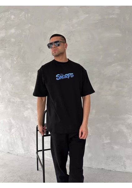 Ön ve Arka Baskılı Oversize Bisiklet Yaka T-Shirt- Siyah