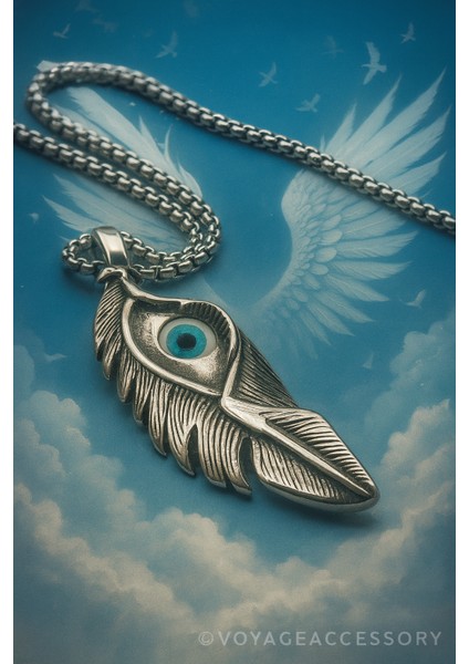 Paslanmaz Çelik Nazar Göz Detaylı Melek Kanat Tüy Kolye