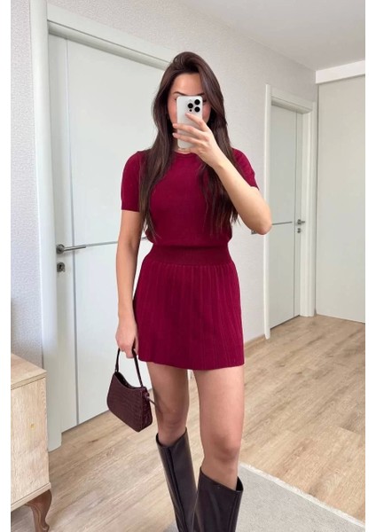Kısa Kollu Bluz Mini Etekli Ikili Takım Triko - Bordo