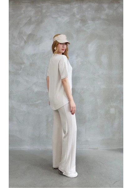 Osy Modal Yumuşak Dokulu Kumaş Bisiklet Yaka Taş Detaylı Kısa Kollu Takım - Kırık Beyaz