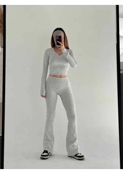 V Yaka Uzun Kollu Bluz Ispanyol Paçalı Tayt Ikili Takım - Gri fırsatları