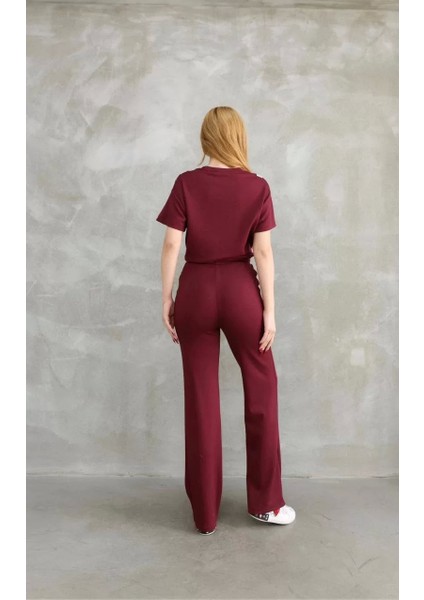 Osy Modal Yumuşak Dokulu Kumaş Bisiklet Yaka Parçalı Detaylı Kısa Kollu Takım - Bordo fiyatları