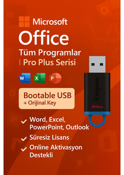 Office 365 + 2024 Lisans Key Dahil | Microsoft Office Tüm Pro Plus Sürümleri + 64 gb kurulum usb