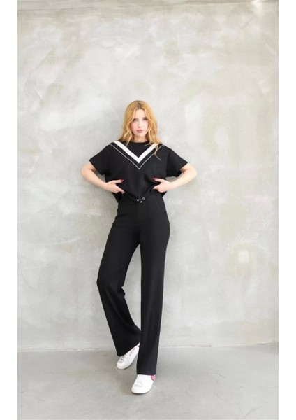 Osy Modal Yumuşak Dokulu Kumaş Bisiklet Yaka Parçalı Detaylı Kısa Kollu Takım - Siyah fiyatları