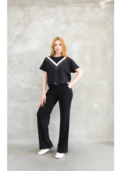 Osy Modal Yumuşak Dokulu Kumaş Bisiklet Yaka Parçalı Detaylı Kısa Kollu Takım - Siyah fırsatları