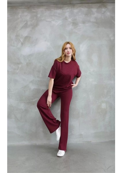 Osy Modal Yumuşak Dokulu Kumaş Bisiklet Yaka Taş Detaylı Kısa Kollu Takım - Bordo modelleri