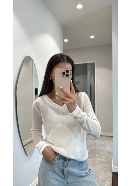 V Yaka Uzun Kollu Triko Ince Bluz - Beyaz