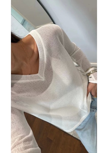 V Yaka Uzun Kollu Triko Ince Bluz - Beyaz indirimleri