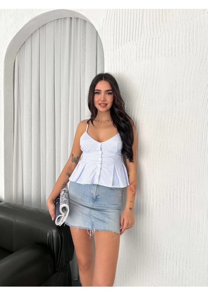 Askılı Dekolte Detaylı Crop - Açık Mavi