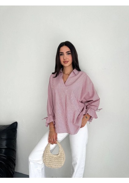 Kadın Arkası Asimetrik Yırtmaç Kesim Detaylı Cizgili Bluz Gömlek - Bordo