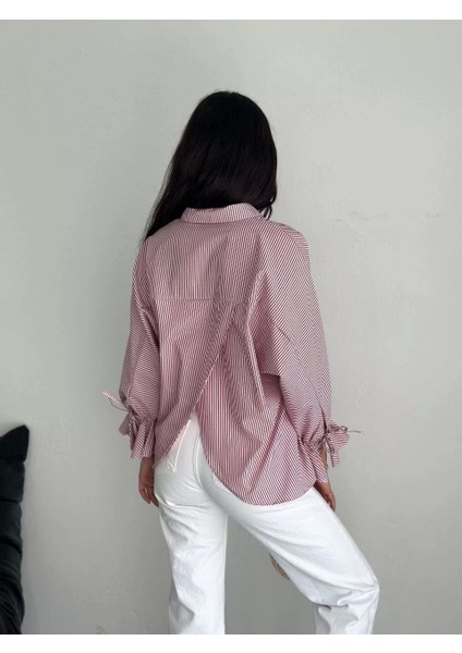 Kadın Arkası Asimetrik Yırtmaç Kesim Detaylı Cizgili Bluz Gömlek - Bordo fiyatları