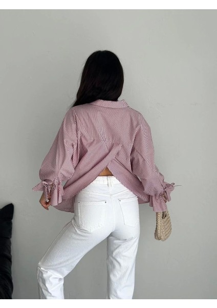 Kadın Arkası Asimetrik Yırtmaç Kesim Detaylı Cizgili Bluz Gömlek - Bordo indirimleri