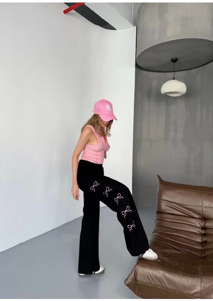 Osy Modal Yumuşak Dokulu Kumaş Nakış Işlemeli Rahat Bol Paça Eşofman Pantalon - Siyah