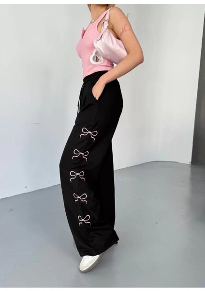 Osy Modal Yumuşak Dokulu Kumaş Nakış Işlemeli Rahat Bol Paça Eşofman Pantalon - Siyah fırsatları