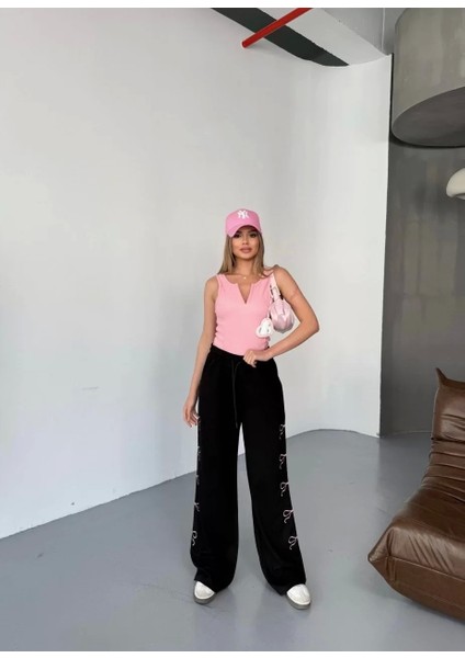 Osy Modal Yumuşak Dokulu Kumaş Nakış Işlemeli Rahat Bol Paça Eşofman Pantalon - Siyah indirimleri