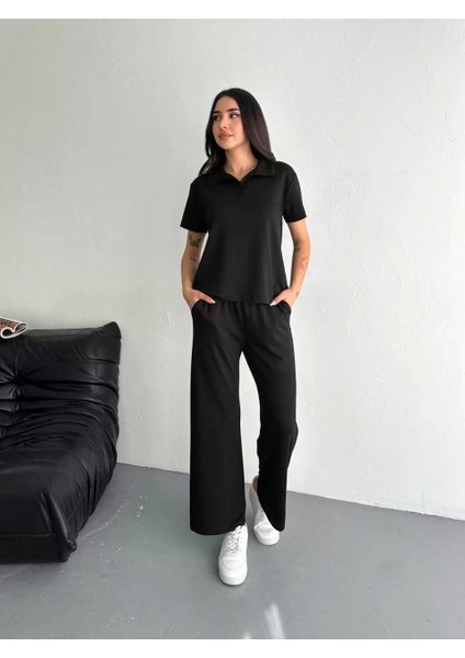 Osy Modal Yumuşak Dokulu Kumaş Kısa Kollu Yakalı T-Shirt Pantalon Ikili Takım- Siyah modelleri