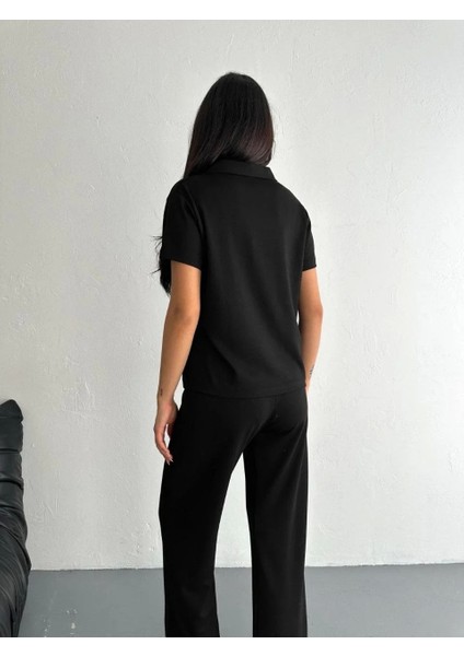 Osy Modal Yumuşak Dokulu Kumaş Kısa Kollu Yakalı T-Shirt Pantalon Ikili Takım- Siyah indirimleri