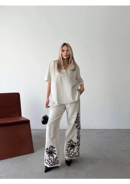 Keten Kısa Kolu V Yaka Bluz Pantolon Ikili Takım- Beyaz