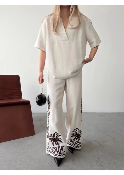 Keten Kısa Kolu V Yaka Bluz Pantolon Ikili Takım- Beyaz modelleri