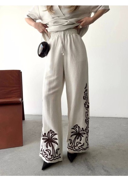 Keten Kısa Kolu V Yaka Bluz Pantolon Ikili Takım- Beyaz fırsatları