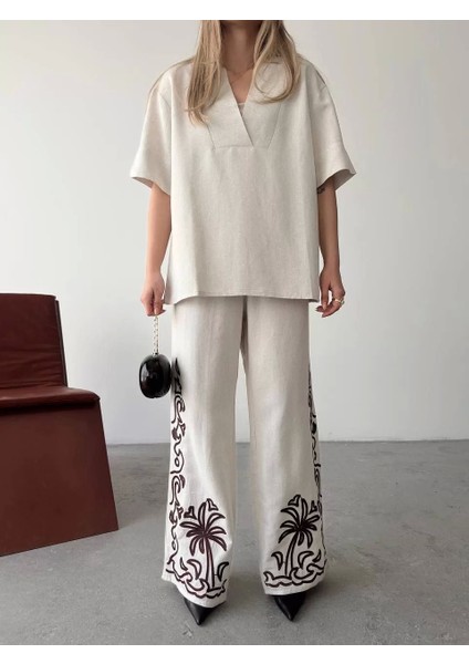 Keten Kısa Kolu V Yaka Bluz Pantolon Ikili Takım- Beyaz indirimleri