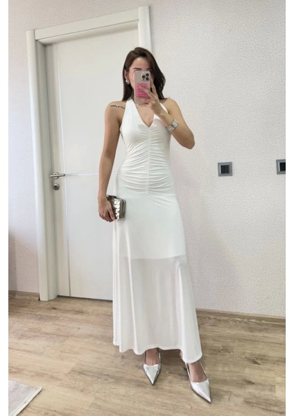 Sırt Dekolteli Uzun Elbise - Beyaz