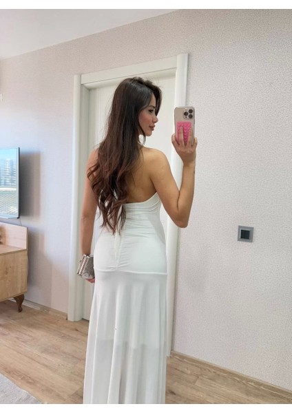 Sırt Dekolteli Uzun Elbise - Beyaz fırsatları
