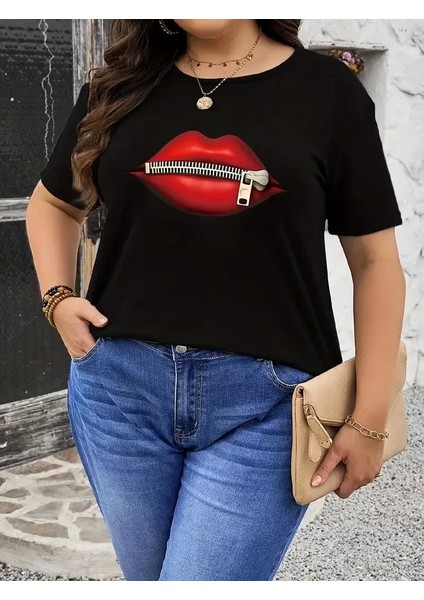 Fermuar Dudak Baskılı Tişört Bisiklet Yaka Kısa Kollu Tişört - Siyah modelleri