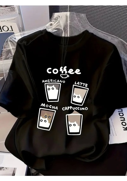 20/1 Penye Compack Baskılı Oversize Bisiklet Yaka Kısa Kol Yazlık T-Shirt - Siyah