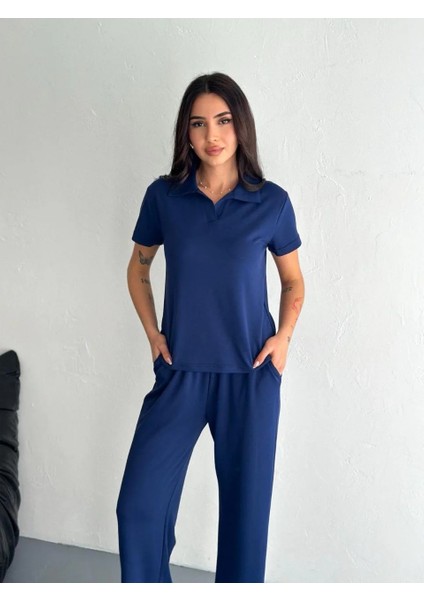 Osy Modal Yumuşak Dokulu Kumaş Kısa Kollu Yakalı T-Shirt Pantalon Ikili Takım- Lacivert