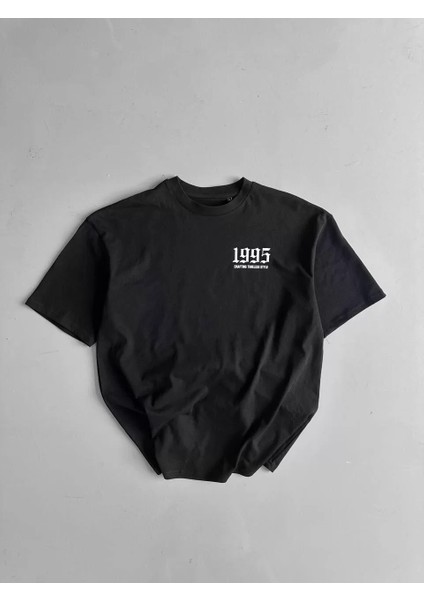 20/1 Penye Compack Baskılı Oversize Bisiklet Yaka Kısa Kol Yazlık T-Shirt - Siyah