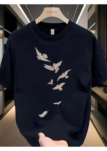 20/1 Penye Compack Özgür Kuşlar Baskılı Baskılı Oversize Bisiklet Yaka T-Shirt - Beyaz