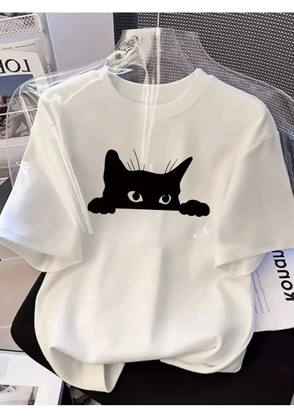 Kadınlar Için Şık Siyah Kedi Grafik Tişört - Oversize Kısa Kollu Üst, Nefes Alabilir Polyester Karışımı, Makinede Yıkanabilir - Mükemmel Yaz Modası - Beyaz