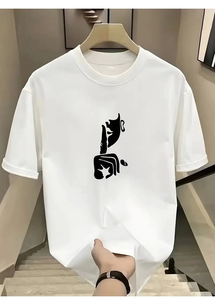 Rahat Bisiklet Yaka Tişört, Yaratıcı Karikatür Baskı - Yumuşak Polyester, Her Mevsim Giyilebilir- Beyaz