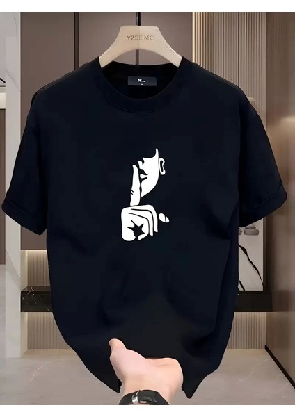 Rahat Bisiklet Yaka Tişört, Yaratıcı Karikatür Baskı - Yumuşak Polyester, Her Mevsim Giyilebilir- Siyah