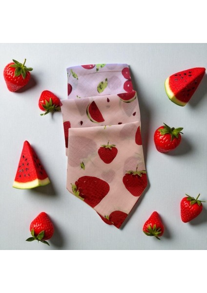 Beyaz Renk Zemin Üzerine Karpuz, Çilek ve Kiraz Desenli 3'lü %100 Koton Bandana, Saç Bandı