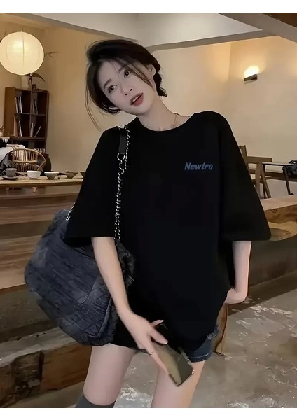 Newtro Baskılı Oversize Bisiklet Yaka T-Shirt - Siyah fiyatları